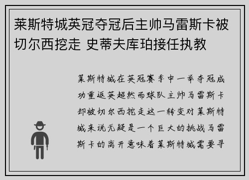 莱斯特城英冠夺冠后主帅马雷斯卡被切尔西挖走 史蒂夫库珀接任执教 莱斯特城英冠夺冠后主帅马雷斯卡被切尔西挖走 史蒂夫库珀接任执教