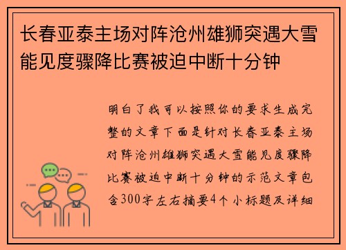 长春亚泰主场对阵沧州雄狮突遇大雪能见度骤降比赛被迫中断十分钟