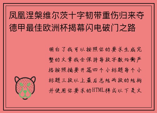 凤凰涅槃维尔茨十字韧带重伤归来夺德甲最佳欧洲杯揭幕闪电破门之路