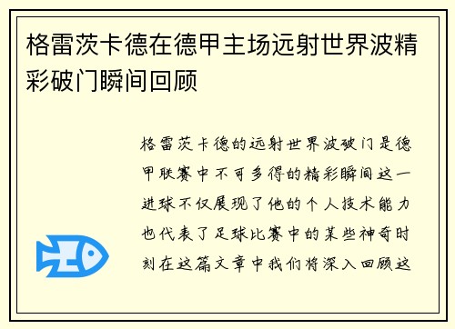 格雷茨卡德在德甲主场远射世界波精彩破门瞬间回顾